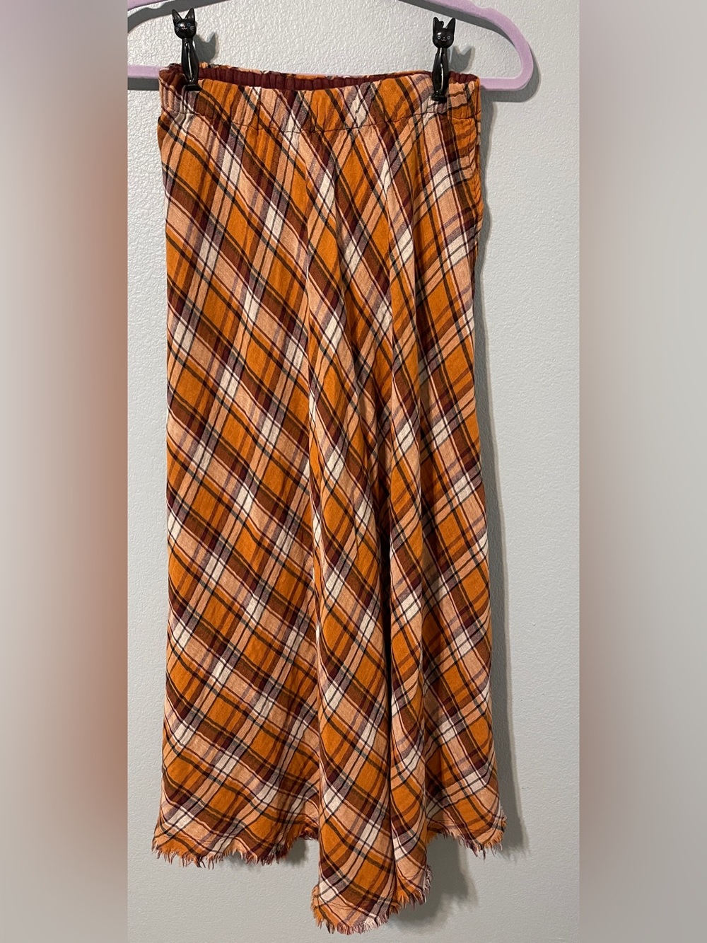 Natural Life Orange Plaid Maxi Skirt Raw Frayed Hem Boho 70s Cottagecore Small